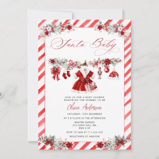 サンタベビークリスマスガール服ベビーシャワー 招待状 (正面)