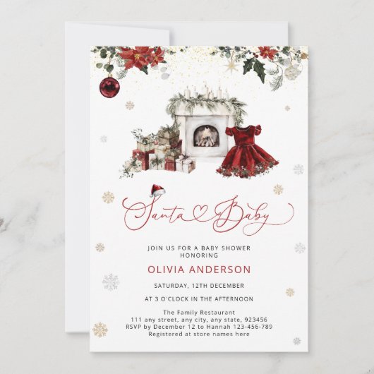 サンタベビークリスマスガール赤ちゃんシャワー 招待状 (正面)