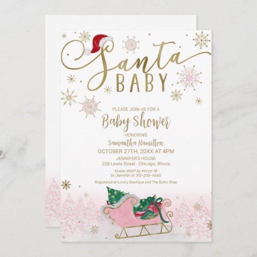 サンタベビークリスマスガール赤ちゃんシャワー 招待状 (正面/裏面)