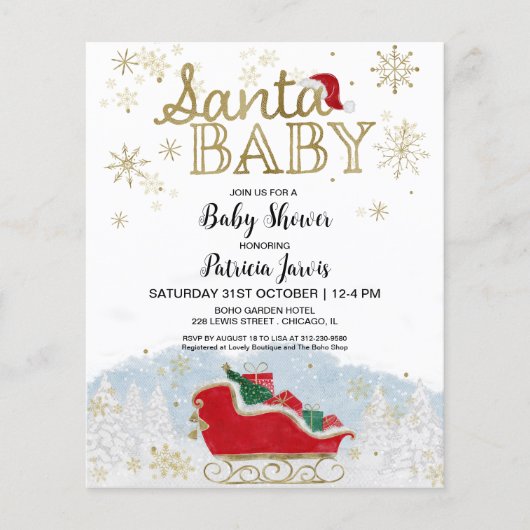 サンタベビークリスマスバジェットベビーシャワー招待状 (正面)
