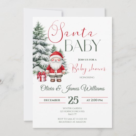 サンタベビークリスマスベビーシャワー男女兼用 招待状 (正面)