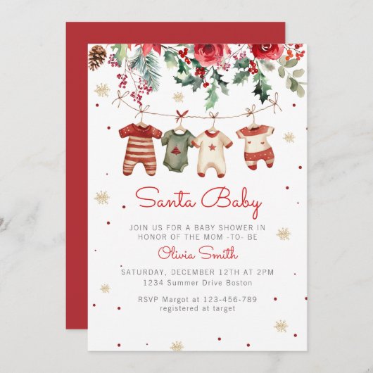 サンタベビークリスマス冬服ベビーシャワー 招待状 (正面/裏面)