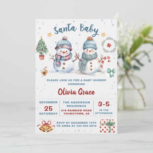 サンタベビークリスマス雪だるまベビーシャワーパーティー 招待状 (スタンド正面)
