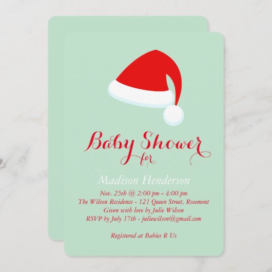 サンタベビーシャワー招待状 – 赤と緑 招待状 (正面/裏面)