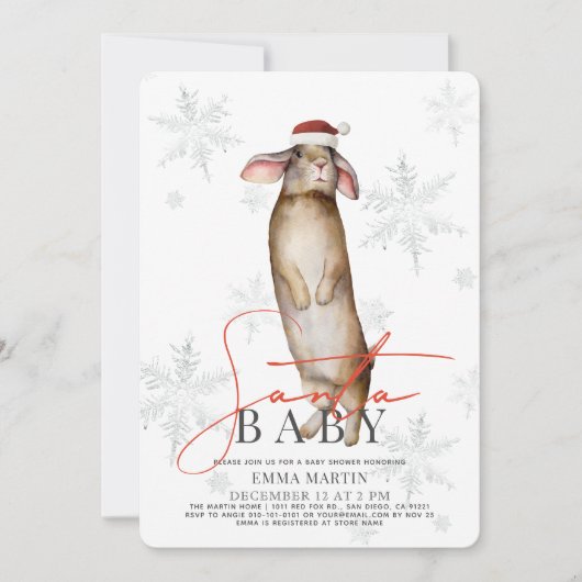 サンタベビーバニースノーフレークスベビーシャワー 招待状 (正面)
