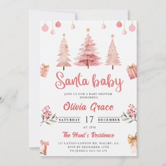 サンタベビーピンクウィンターツリークリスマスベビーシャワー 招待状 (正面)