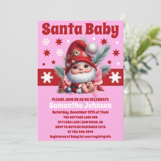 サンタベビーピンククリスマスガール赤ちゃんシャワー 招待状 (スタンド正面)