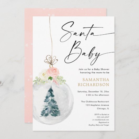 サンタベビーピンク金ゴールドクリスマスツリー赤ちゃんシャワー 招待状 (正面/裏面)