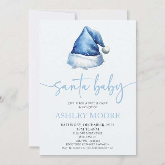 サンタベビーブルーハットクリスマスホリデーベビーシャワー 招待状 (正面)