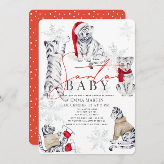 サンタベビーホワイトタイガー雪の結晶ベビーシャワー 招待状 (正面/裏面)