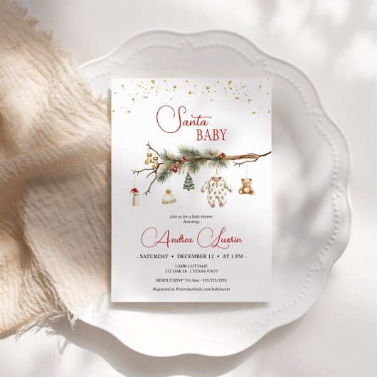 サンタベビー素朴冬の緑の赤ちゃんシャワー 招待状