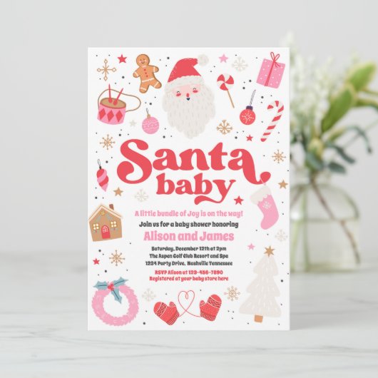 サンタベビー赤とピンクのクリスマスベビーシャワー 招待状 (スタンド正面)
