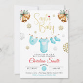 サンタベビー金ゴールドスノーフレークスウィンター男の赤ちゃんシャワー 招待状 (正面)