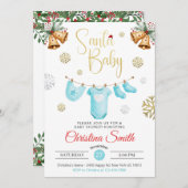 サンタベビー金ゴールドスノーフレークスウィンター男の赤ちゃんシャワー 招待状 (正面/裏面)