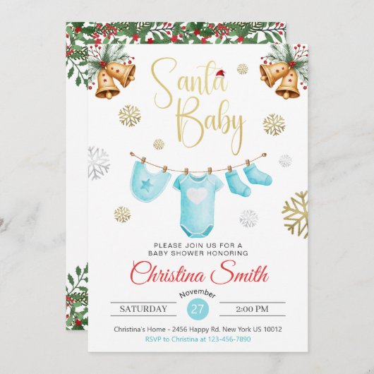 サンタベビー金ゴールドスノーフレークスウィンター男の赤ちゃんシャワー 招待状 (正面/裏面)