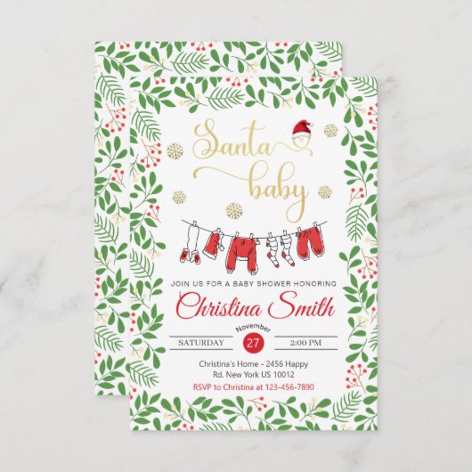 サンタベビー金ゴールドスノーフレーク冬のベビーシャワー 招待状 (正面/裏面)