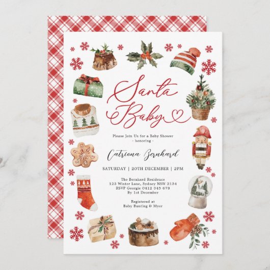 サンタベビー-モダンクリスマスウィンターベビーシャワー 招待状 (正面/裏面)