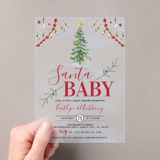 "サンタベビー"水彩クリスマスツリー赤ちゃんシャワー アクリル招待状 (インサイチュ (ポータブル))