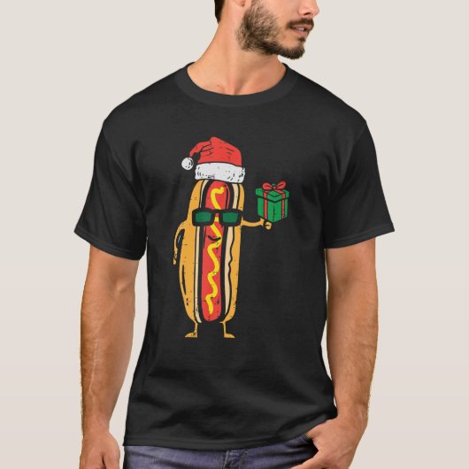 サンタホットドッグおもしろいクリスマスPjsフードクリスマスパジャマ Tシャツ (正面)