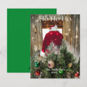 サンタホホホホオーナメントパーソナライズされたレッドグリーン シーズンカード (正面/裏面)