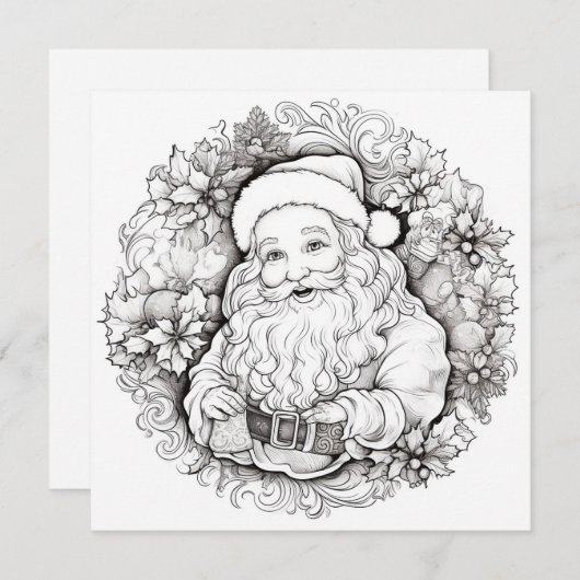 サンタホリーポインセチアリースクリスマスカラーリング シーズンカード (正面/裏面)