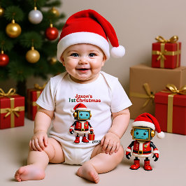 🎄サンタボットのそりでお祝いする1st Christmas、カスタムテキスト可能 ベビーボディスーツ