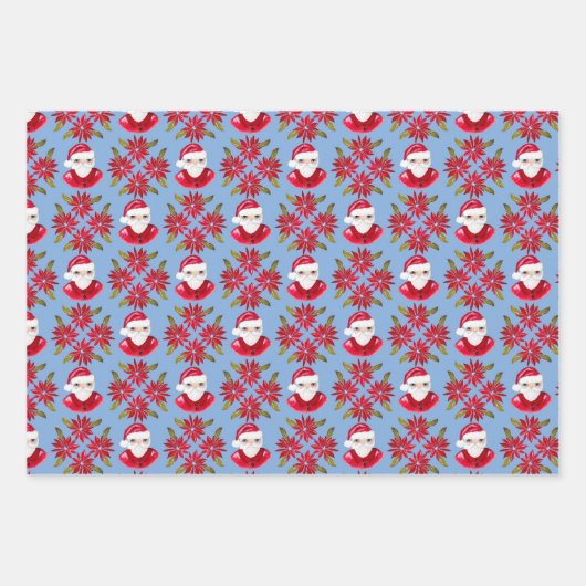 サンタポインセチアペパーミントストライプレトロクリスマス ラッピングペーパーシート (正面)