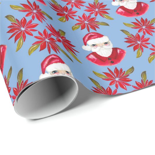 サンタポインセチア伝統的ブルーレッドクリスマス ラッピングペーパー (ロールコーナー)