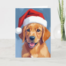 サンタポーズのゴールデンレトリバーの子犬 クリスマス カード