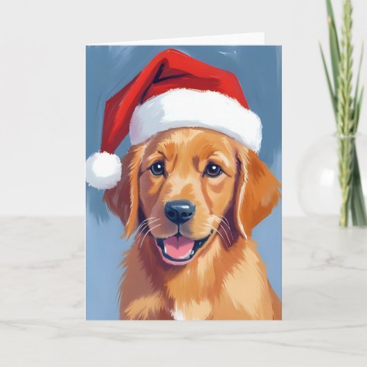 サンタポーズのゴールデンレトリバーの子犬 クリスマス カード (正面)