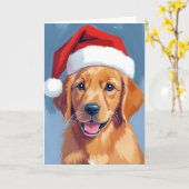 サンタポーズのゴールデンレトリバーの子犬 クリスマス カード (黄色い花)