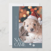 サンタポーズドッ来ク写真石板ブルークリスマス シーズンカード (正面)
