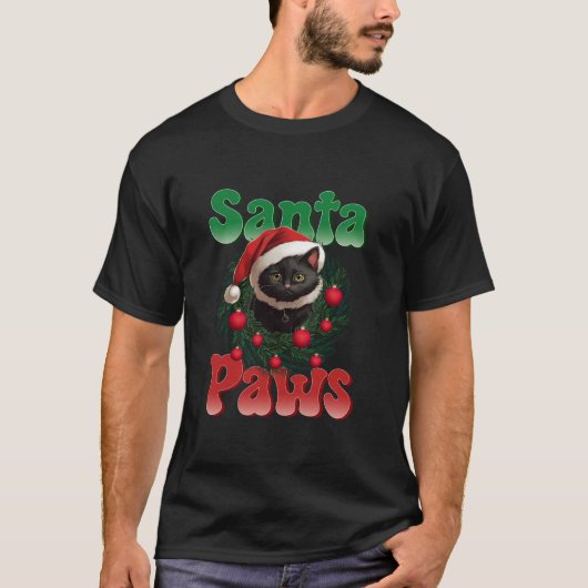 サンタポーズブラックキャットアニマルスおもしろいクリスマスメン Tシャツ (正面)