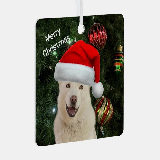 サンタポーズ – クリスタルザハスキーパーソナライズされた犬 メタルオーナメント (正面右)