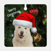 サンタポーズ – クリスタルザハスキーパーソナライズされた犬 メタルオーナメント (正面)