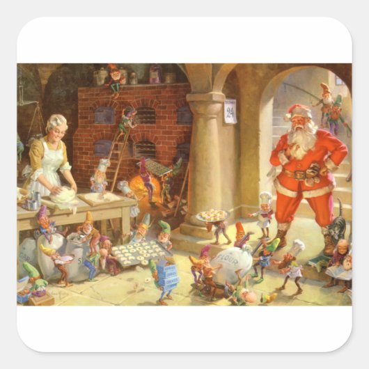サンタミセスクロース&小妖精や小人クリスマスクッキーを焼く スクエアシール (正面)
