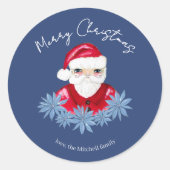 サンタミニマルキュートポインセチア青メリークリスマス ラウンドシール (正面)