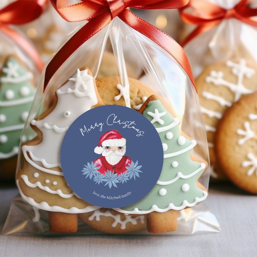 サンタミニマルキュートポインセチア青メリークリスマス ラウンドシール