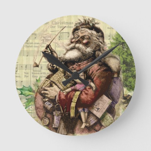 サンタメリークロースとクリスマスツリー ラウンド壁時計 (正面)