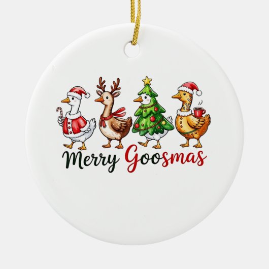 サンタメリーハットを着たグースマスクリスマスガチョウ セラミックオーナメント (正面)