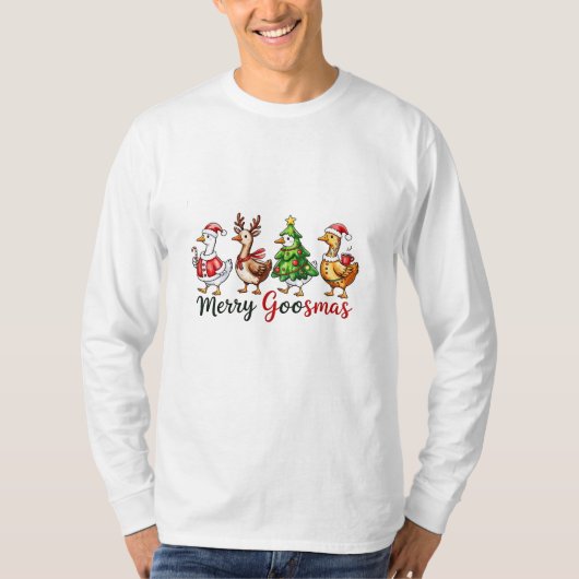 サンタメリーハットを着たグースマスクリスマスガチョウ Tシャツ (正面)