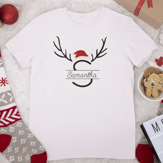 サンタモダンモノグラムアントラークリスマス名前をカスタムする Tシャツ