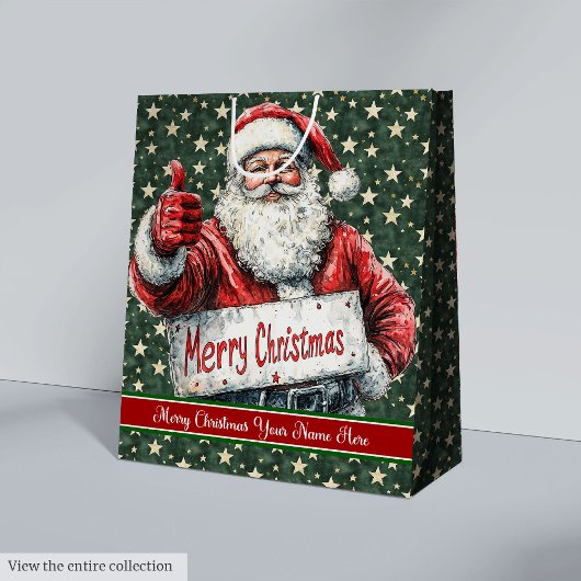 サンタモノグラムバッグ、ヴィンテージ水彩クリスマス ミディアムペーパーバッグ