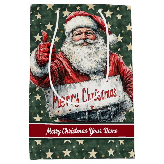 サンタモノグラムバッグ、ヴィンテージ水彩クリスマス ミディアムペーパーバッグ (正面)