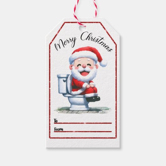 サンタユーモアのあるをトイレに飾ったクリスマスラベル ギフトタグ (正面)