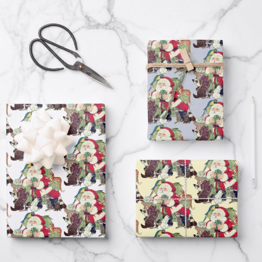 サンタユーモアのある&ペット動物犬猫ウサギ鳥 ラッピングペーパーシート (正面)