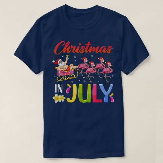 サンタライディングフラミンゴ7月の夏のクリスマス Tシャツ (デザイン正面)