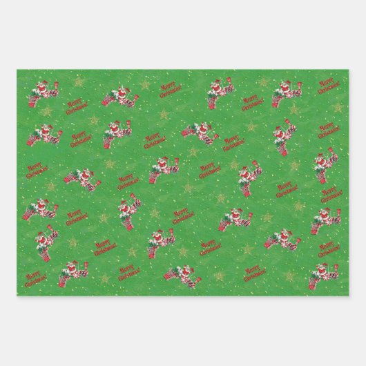 サンタライディングレッドトレイン金ゴールドスターメリークリスマス ラッピングペーパーシート (正面)
