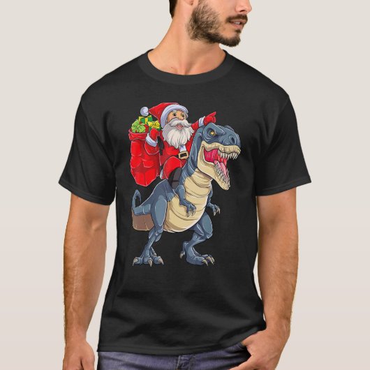 サンタライディング恐竜レックスクリスマスボーイズ男性クリスマス Tシャツ (正面)