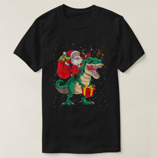 サンタライディング恐竜TレックスおもしろいクリスマスキッズB Tシャツ (デザイン正面)